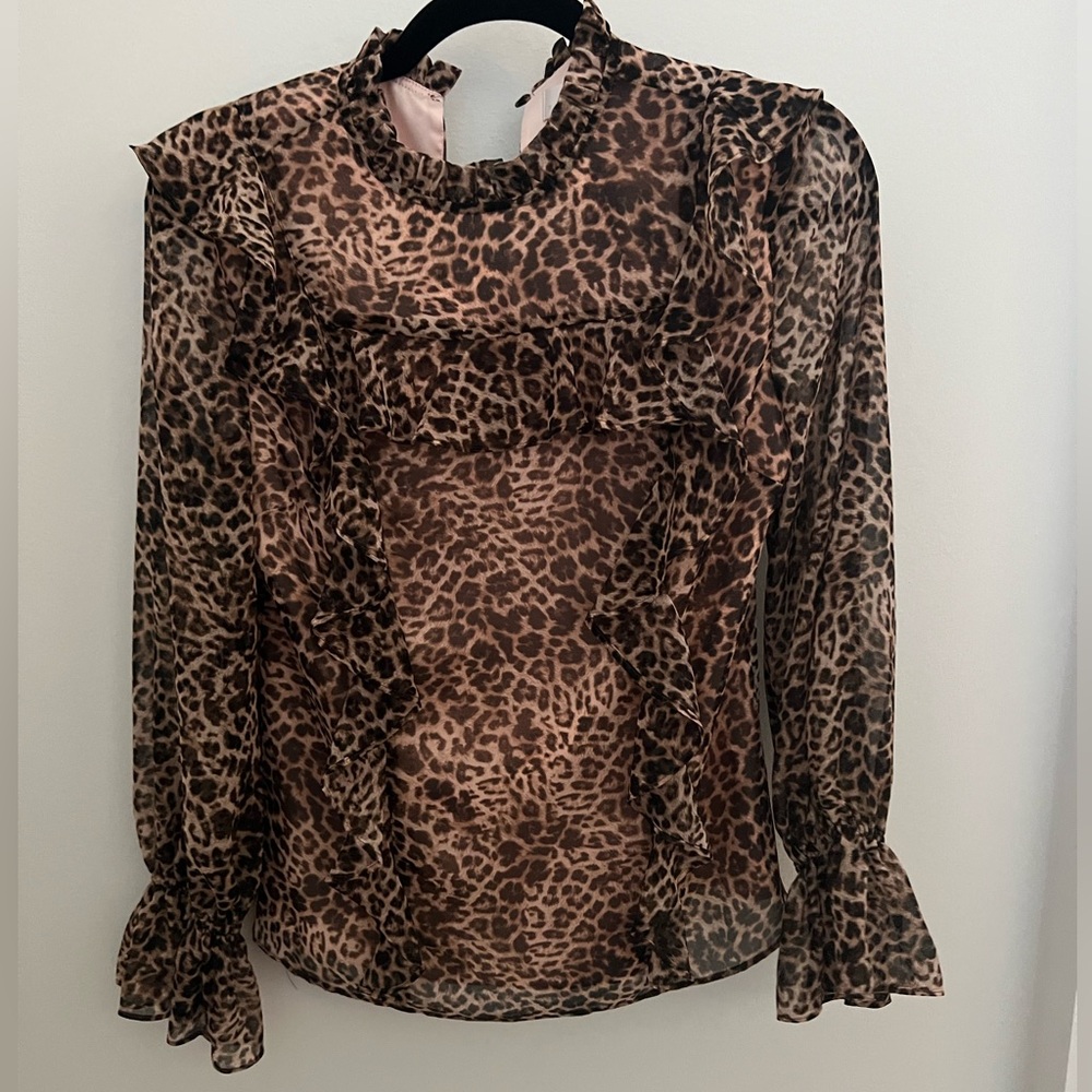 RACHEL PARCELL Brown Animal Print Ruffle Blouse XXS
